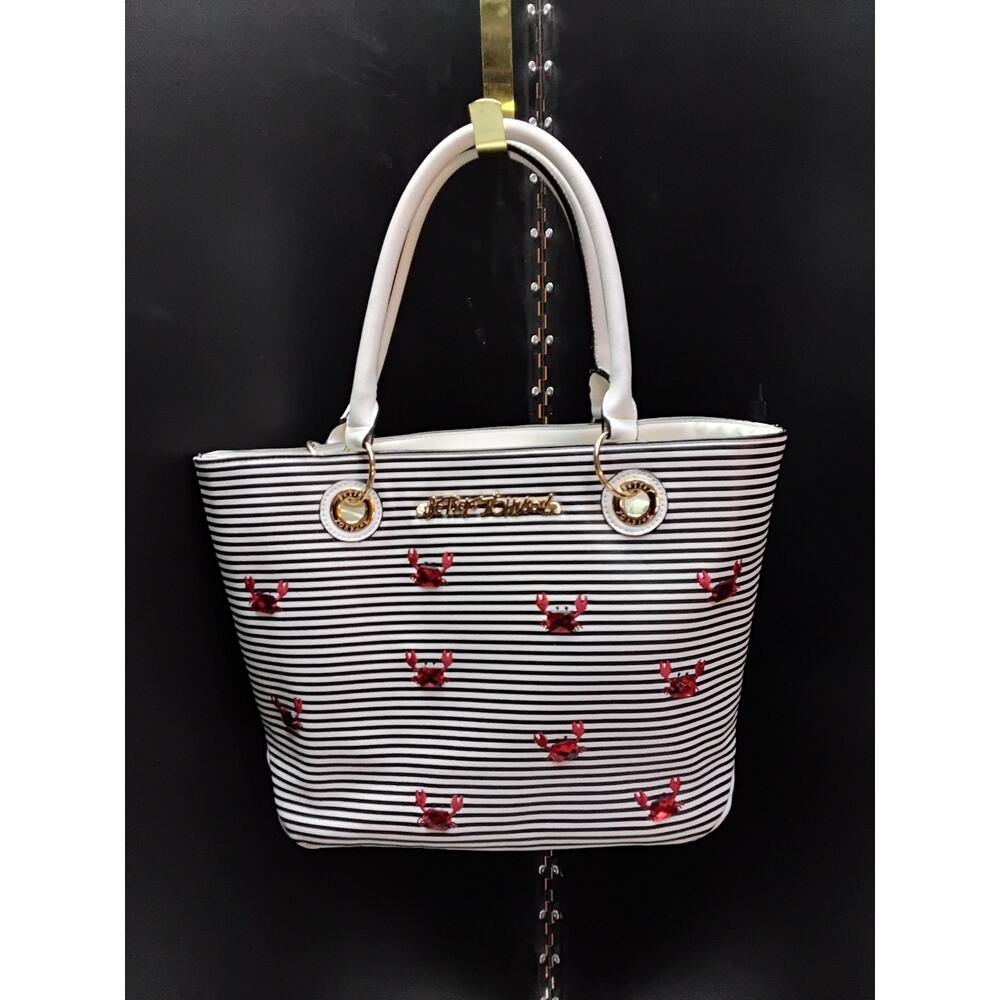Betsey Johnson Red Crabs Purse with Black & White Stripes Summer Beach Bag